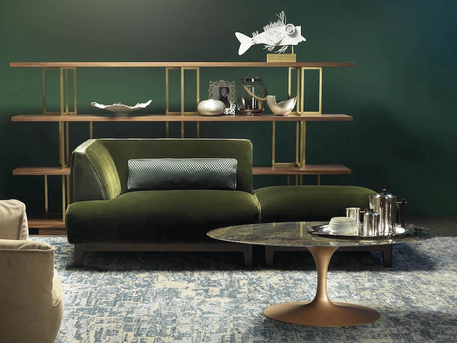 chaise longue avec pouf en velours vert Goya