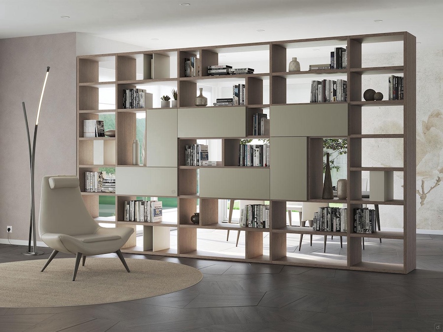 Grande bibliothèque de salon modulable avec portes et niches de la ligne Aliant