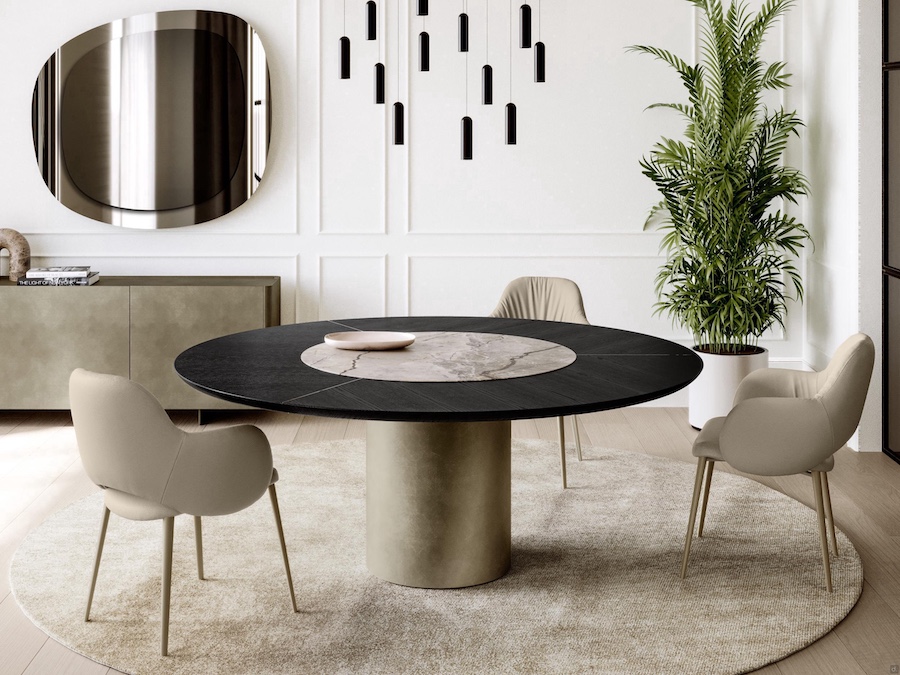 grande table ronde Hidalgo, avec plateau en bois foncé avec insert central en céramique fixe ou pivotant