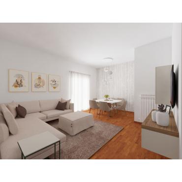 Idée d'ameublement pour un salon au plan irrégulier de 20 m² - Rendu graphique