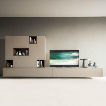 Composition murale avec rangement Plan 12 - meubles hauts battants et bases suspendues idéales comme meuble TV