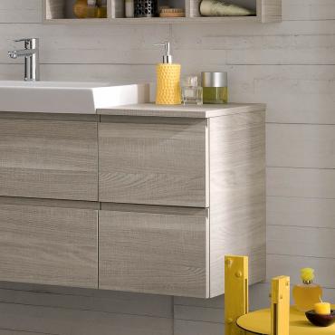 Mobile bagno Atlantic con basi laterali a 1 cassetto cm 35 e cm 70 in legno impiallacciato rovere rusticato cemento 811