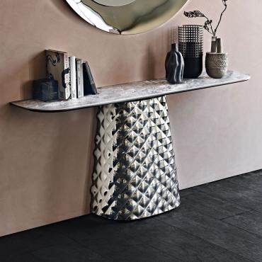 Console d'entrée avec plateau à effet marbre et pied en verre miroir à effet matelassé Atrium de Cattelan