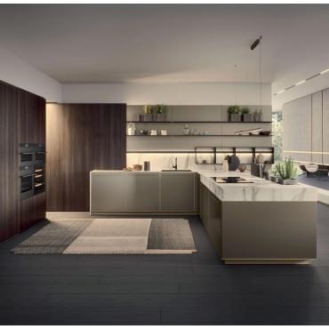 Cuisine d'angle avec îlot e plan travail en acier inox