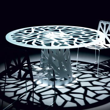 Table ronde avec plateau en verre satiné sérigraphié Domino