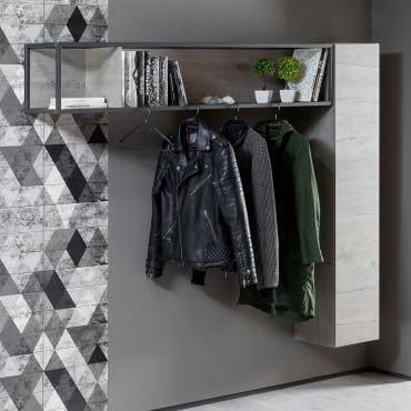 Meuble d'entrée suspendu  Rebel 10 - élément ouvert avec structure en métal avec porte-manteau et petite armoire murale en bois