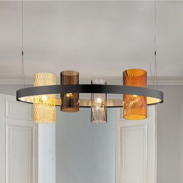 Grande suspension en verre design Armonia, avec des cylindres en verre soufflé balloton et rigadin