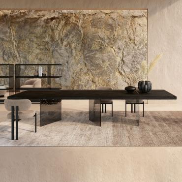 Grande table rectangulaire en bois et verre de Murano Iberis