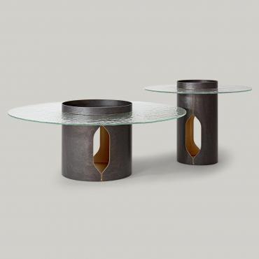 Table basse ronde en verre et métal design Aliso de Borzalino dans les deux versions de 100 et 65 cm de diamètre