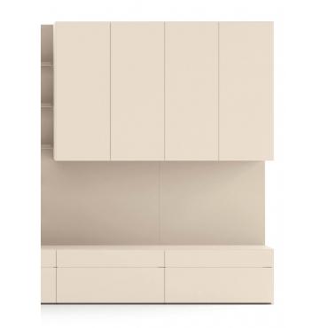 Meubles hauts muraux Wide en laqué mat, avec panneau et bases avec tiroirs assortis