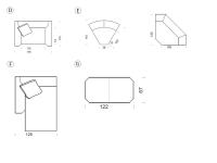 Schémas et Dimensions du canapé Franklin Square : D) canapé linéaire E) éléments angulaires F) chaise longue G) pouf rectangulaire