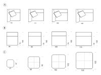 Schémas et Dimensions du canapé Franklin Square : A) éléments terminaux B) éléments centraux C) poufs carrés