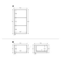 Buffet suspendu moderne Plan - Dimensions spécifiques de l'intérieur: A) module supérieur avec portes battantes B) module inférieur avec tiroir(s) / porte à abattant