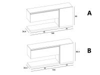 Schéma et dimensions du meuble d'entrée Plan 02. (A) : modèle avec plan simple intégré. (B) : modèle avec comptoir de 1,4 cm d'épaisseur. 