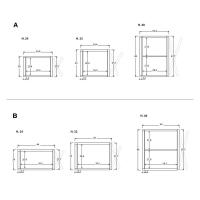 meuble suspendu avec porte à abattant Plan - Dimensions intérieures spécifiques : A) meubles suspendus p.34,4 cm B) meubles suspendus p.44 cm