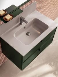 Meuble avec plan vasque intégré disponible en différentes largeurs, en deux profondeurs et en trois hauteurs