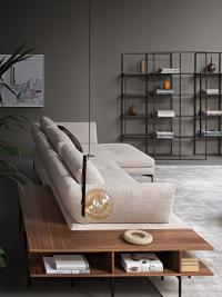 Salon moderne avec un contraste de matériaux entre le métal et le bois. Optic combiné avec le canapé Aliante