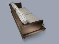 Vue latérale et du dos du canapé, avec base fine rembourrée qui encadre et enveloppe le canapé