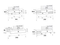 Meuble TV bas en bas California - Schémas et dimensions des modèles de 210 cm avec mécanisme de meuble TV pivotant Vesa