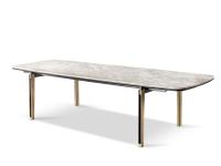Table moderne en marbre Mirage de Cantori avec plateau rectangulaire arrondi de 300 cm, reconnaissable à la saillie du plateau par rapport aux pieds
