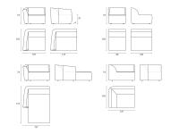 Schémas et Dimensions du canapé Davos : éléments d'extrémité, de centre, d'angle et chaise longue