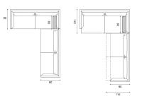 Schéma de la composition des canapés d'angle avec les éléments de 90 cm et 110 cm (coussin d'angle optionnel recommandé)
