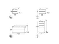 Schéma des dimensions de la collection de chambre à coucher aux bords arrondis Flight - A) et B) tables de chevet C) commode avec tiroir intérieur profilé D) chiffonnier