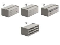 A) Modèle avec façades simples et poignée T16 - B) Modèle avec façades lisses et bouton en cuir - C) Modèle avec façades en verre transparent gris - D) Arrière du bloc-tiroirs avec compartiments ouverts pour tous les modèles