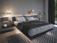 Lit effet flottant avec tête de lit large Planeur - tTête de lit asymétrique avec étagères suspendueen bois et en métal et éclairage LED