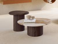 Tables de salon Bolé avec pied central en bois massif Chêne Moka et plateau assorti et en marbre Patagonia