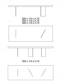 Schémas de la table dans les versions 200, 250 et 300 cm avec deux pieds et dans la version 350 cm avec trois pieds