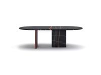 Version de la table Dandelion avec plateau et un pied en marbre Sahara Noir et l'autre en noyer américain avec pieds perpendiculaires