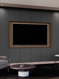 Placard avec niche TV de séjour Lounge - façades avec décoration 10:10 et niche TV laqué métallique Laiton
