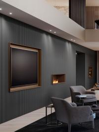 Composition murale TV Lounge avec élaboration 10:10 des façades. Placard avec niche TV à côté et module d'armoire murale avec cheminée