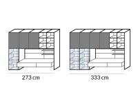 Le due larghezze disponibili della parete attrezzata Way 28: 273 oppure 333 cm