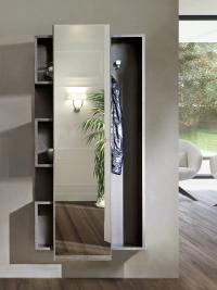 Back hallway storage unit with sliding mirror, 3 compartments and cloathes hanger hooks