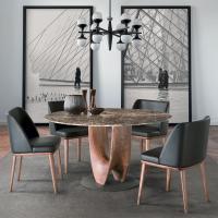 Table de salle à manger avec base en bois massif Arex - plateau en marbre Emperador et base en métal verni titane