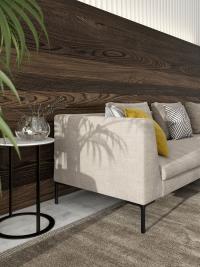 Particolare delle linee rigorose ed essenziali del divano Antigua