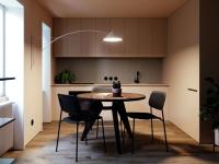Flyer de Prandina - Applique en arc design orientable utilisée comme lampe de table à manger