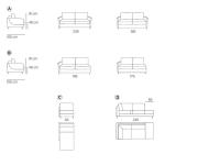 Schemi dimensionali del divano con chaise longue contenitore Litchis: A) divani lineari B) elementi terminali C) chaise longue D) dormeuse
