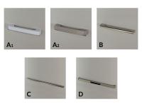 Schema delle maniglie disponibili: in metacrilato bianco (A1) o visone (A2), in nichel opaco con profilo tondo a passo corto (B) o lungo (C), oppure in nichel opaco con cordoncino elastico (D)