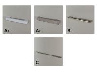 Schema delle maniglie disponibili: in metacrilato bianco (A1) o visone (A2), in nichel opaco con profilo tondo a passo corto (B) o lungo (C)