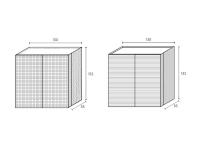 Schémas et dimensions du buffet Fado, disponible avec deux décorations tridimensionnelles différentes sur les façades et les côtés, mais dans une seule taille