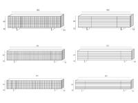 Schémas et dimensions du meuble TV Fado, disponible en trois tailles et avec deux motifs tridimensionnels différents sur les façades et les côtés.