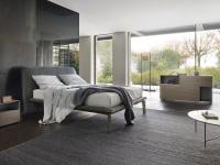 Lit en bois avec Tête de lit moelleuse et revêtue Iowa - élégant contraste entre le cadre de lit en bois et le revêtement de la tête de lit