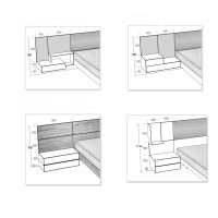 Esempi di allineamento del letto California Wood con i pannelli boiserie e elementi contenitori e a giorno