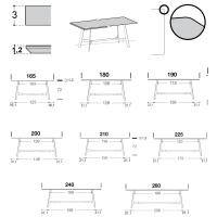 Modèles, dimensions et détails des bords de la table Alfred à plateau rectangulaire