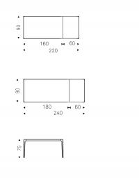 Table minimaliste Boulevard di Cattelan - schéma dimensionnel des versions extensibles