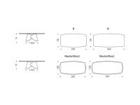 Schema dimensionale del Tavolo Scott con piano in legno e bordo bisellato o nella versione Masterwood