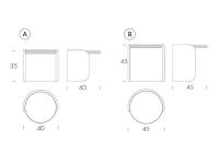 Tables basses gigognes empilables en grès et bois Roller - Schémas et Dimensions : A) table ronde petite / B) table ronde grande